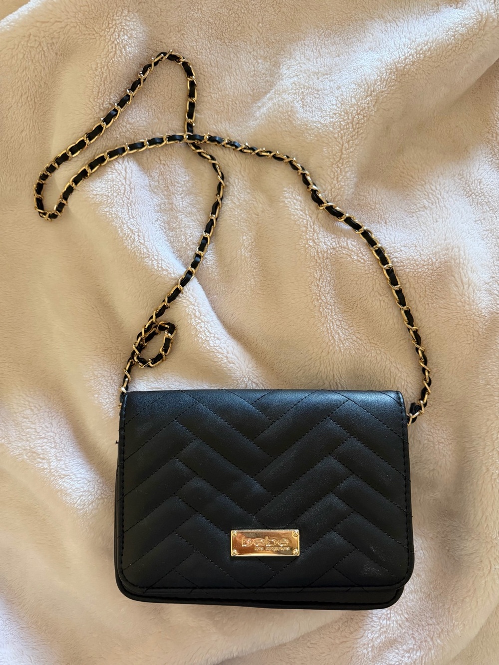 bebe Black Quilted Crossbody with Gold Chain
